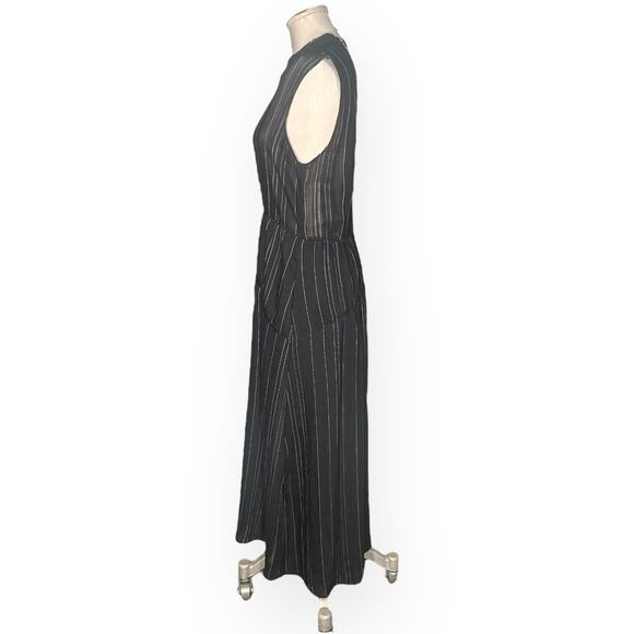VINCE Draped Pinstripe A-Line Midi Black Dress Striped Coastal Preppy Minimalist - Picture 7 of 15
